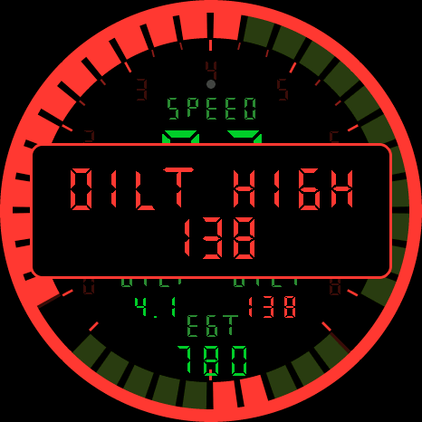 Attack screen with a critical oil temperature alarm, whole face pulsed red