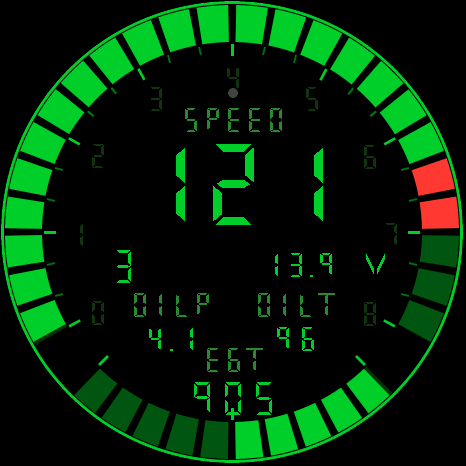 Attack screen on boost, RPM segments lit into the redline